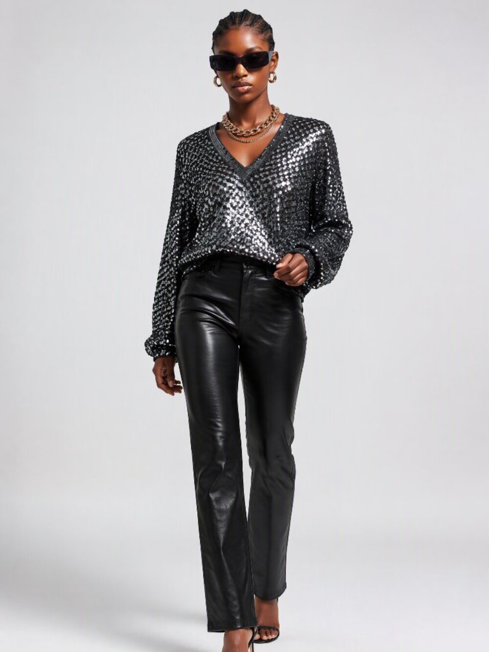Vintage 70's Harry Action Silver Dolman Sleeve Sequin V-neck Disco Top XL
